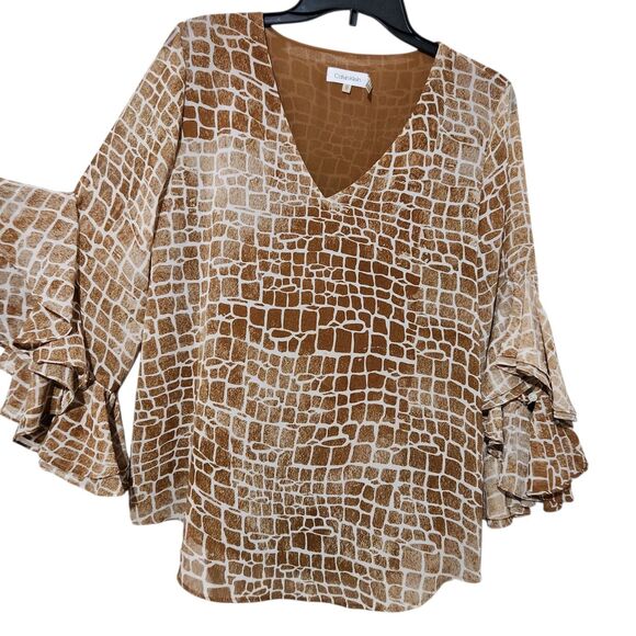 Calvin Klein Top Women Size Medium Brown Sheer Flare Sleeve Lightweight - Picture 1 of 11